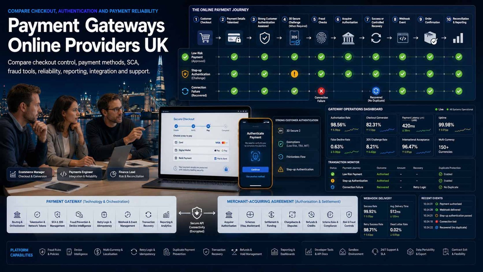 Online checkout, payment authorisation, fraud checks and reporting for a UK business