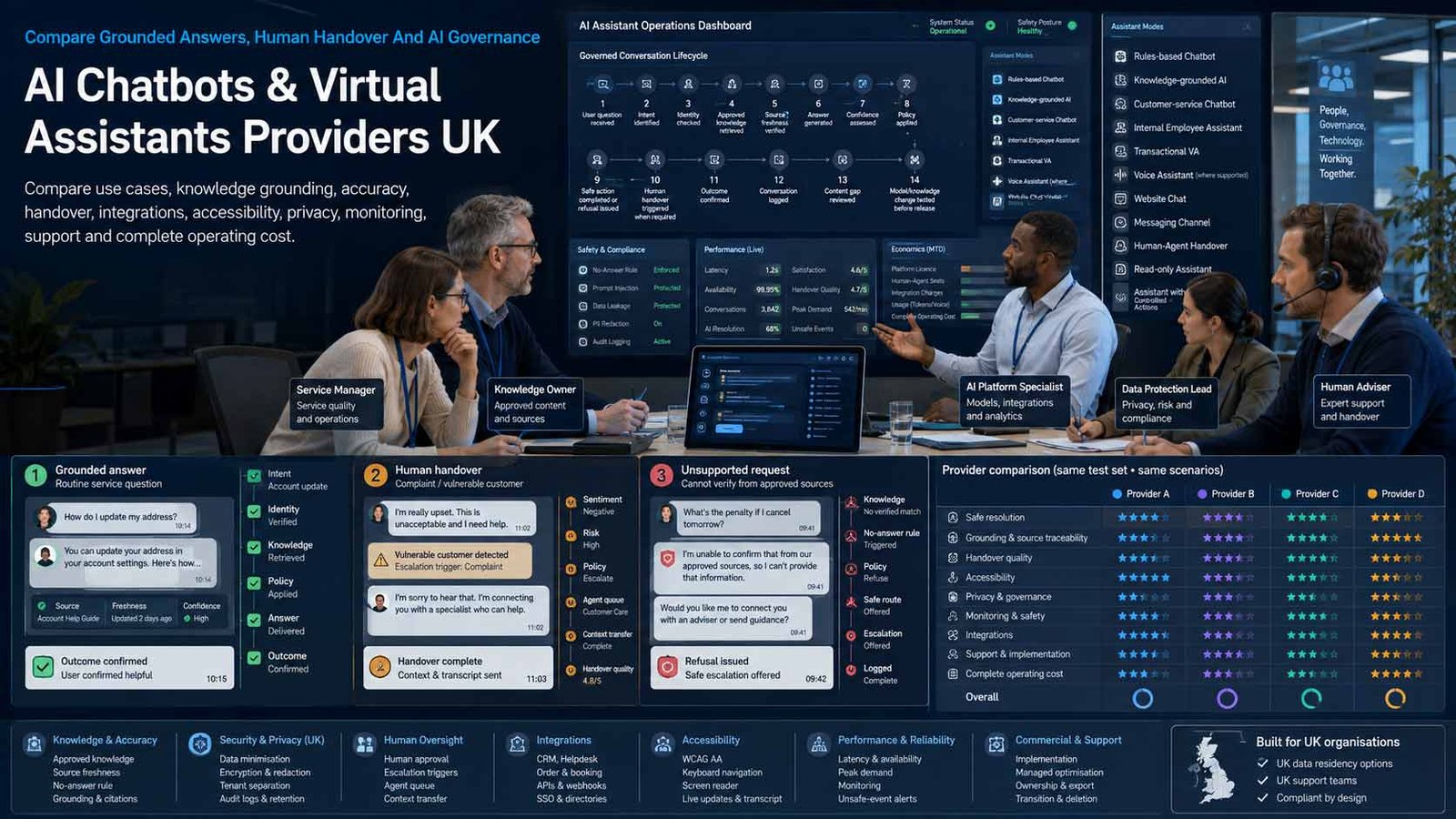 UK business comparing AI chatbot and virtual assistant providers, knowledge, handover, analytics and governance