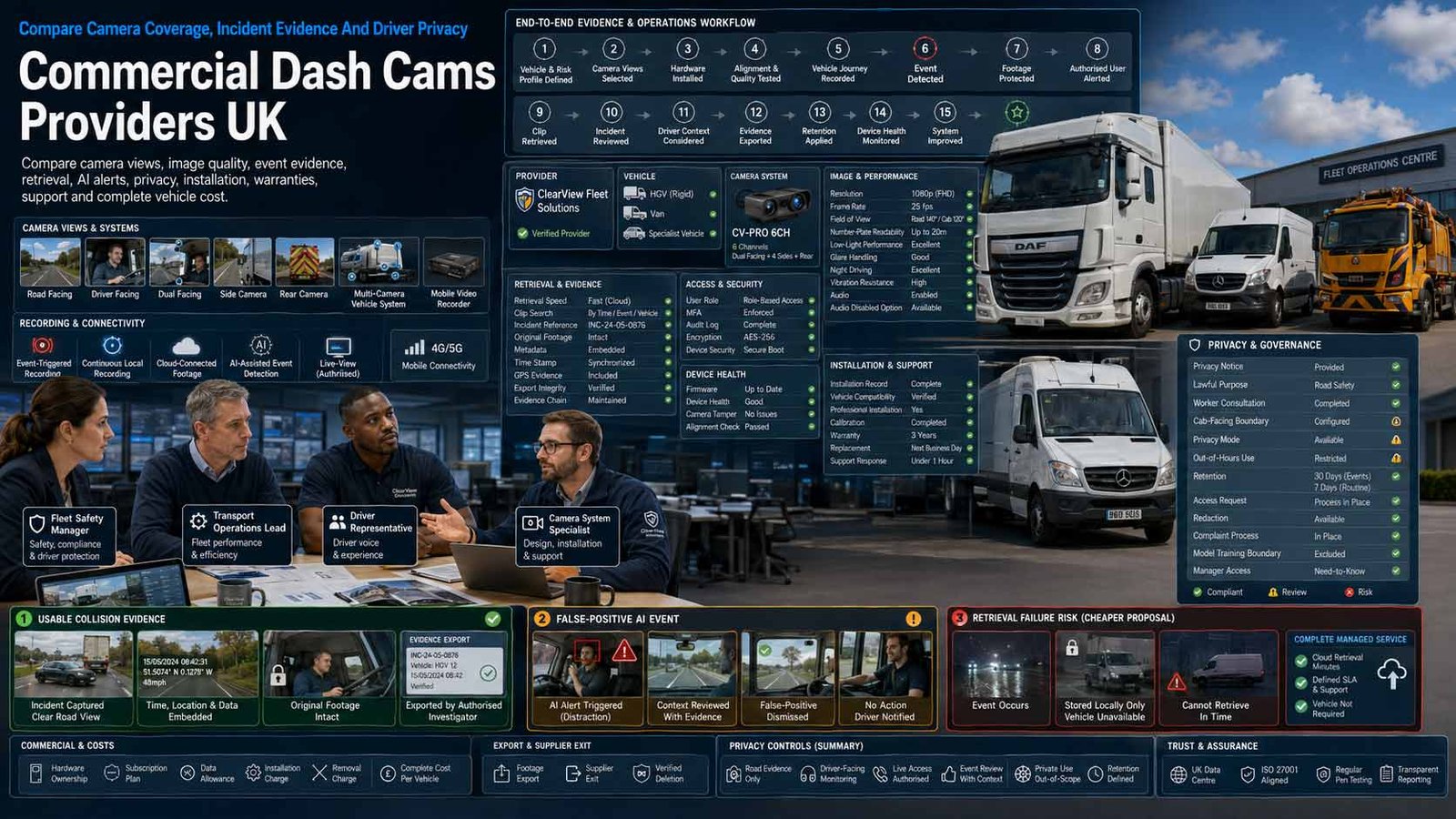 UK business comparing commercial dash cams, connected vehicle cameras, footage retrieval and privacy controls