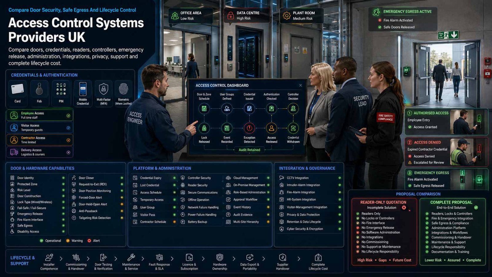 UK business comparing access control systems, credentials, door hardware, installation and support