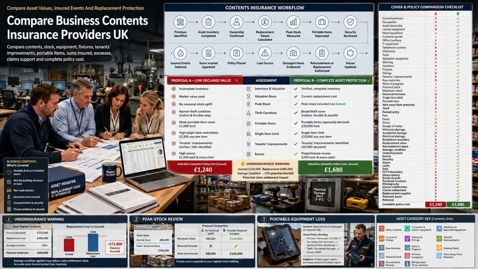 UK business owner comparing business contents insurance providers, stock values, equipment, fixtures, excesses and claims support