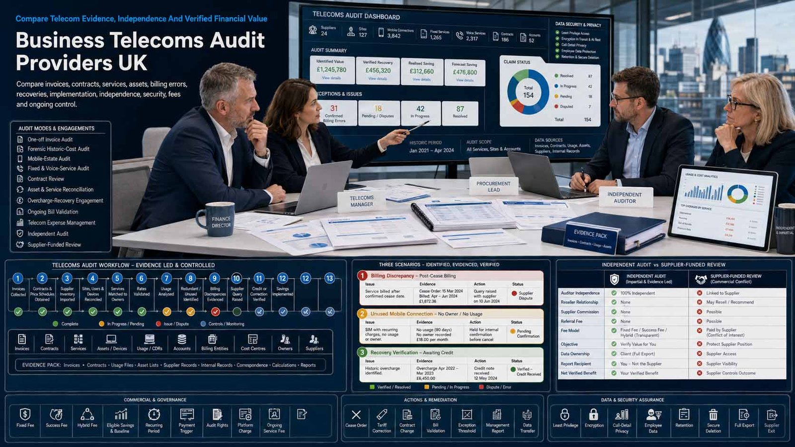 UK business reviewing telecom invoices, contracts, service inventory, mobile usage and audit findings