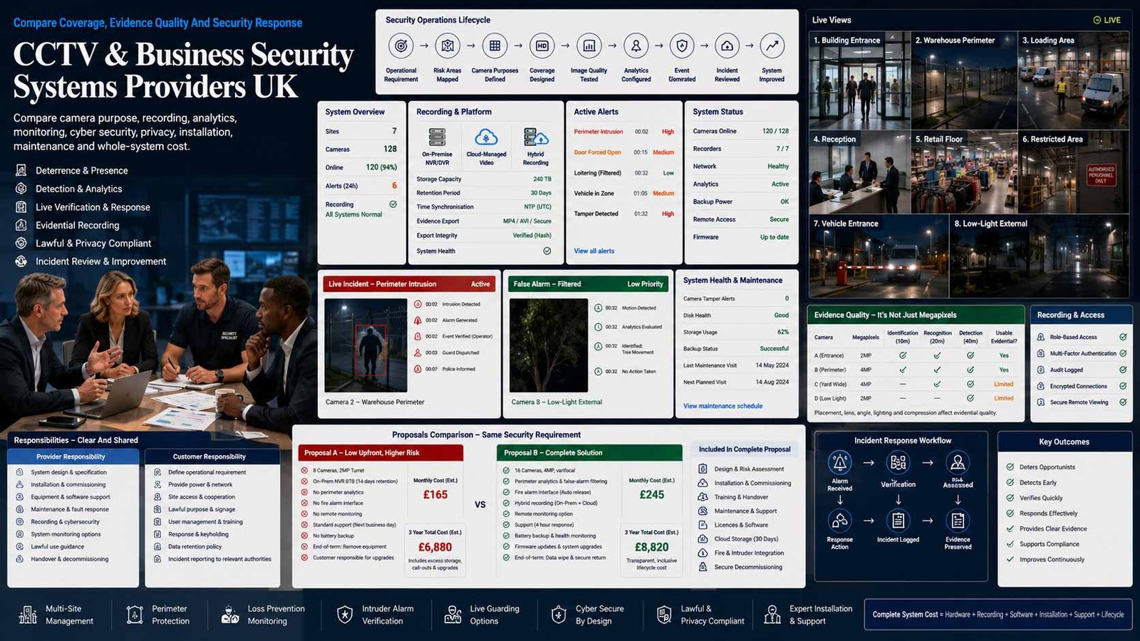 UK business comparing commercial CCTV cameras, recording, monitoring, privacy and security support