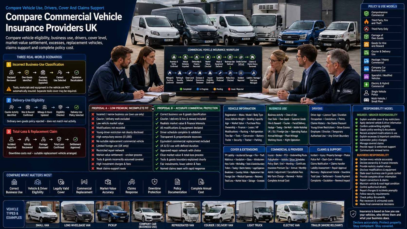 UK business owner comparing commercial vehicle insurance providers, drivers, business use, vehicle values, excesses and claims support