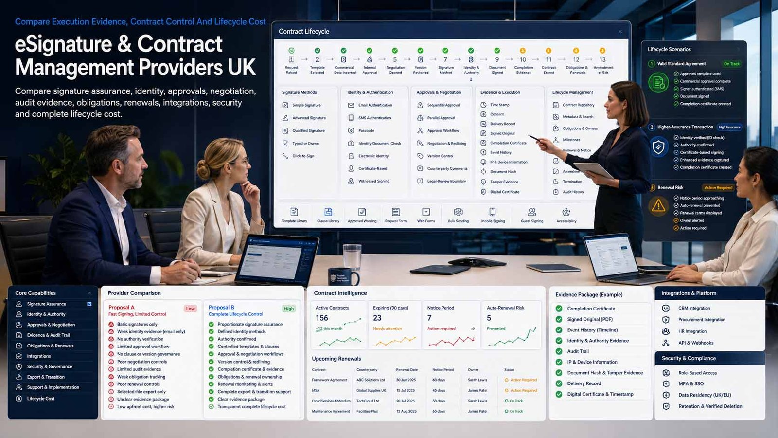 UK business comparing electronic signature and contract management providers, workflows, evidence and renewals