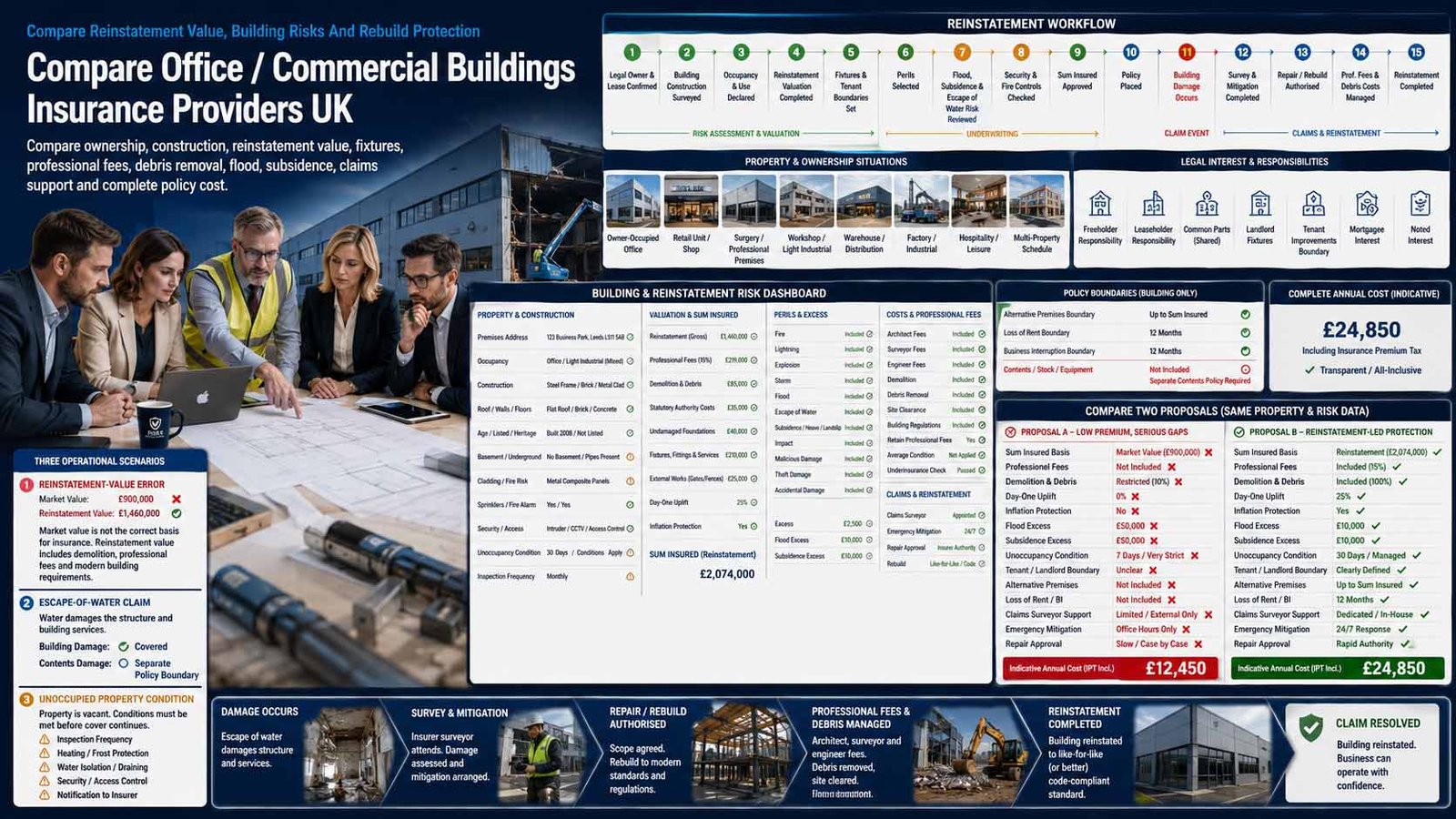 UK business owners comparing office and commercial buildings insurance providers, reinstatement values, insured perils and claims support