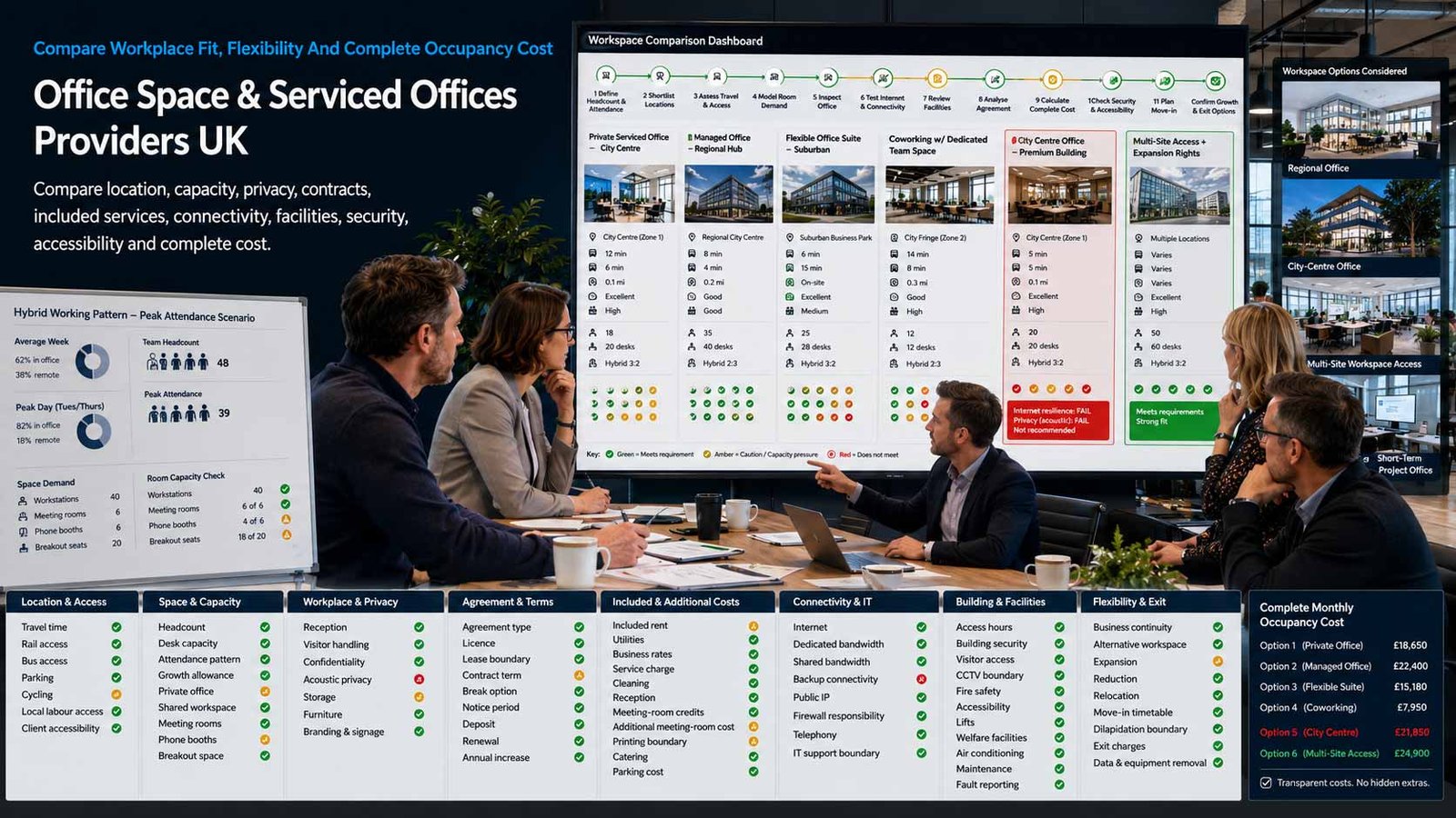 UK business team comparing serviced office locations, facilities and contract terms
