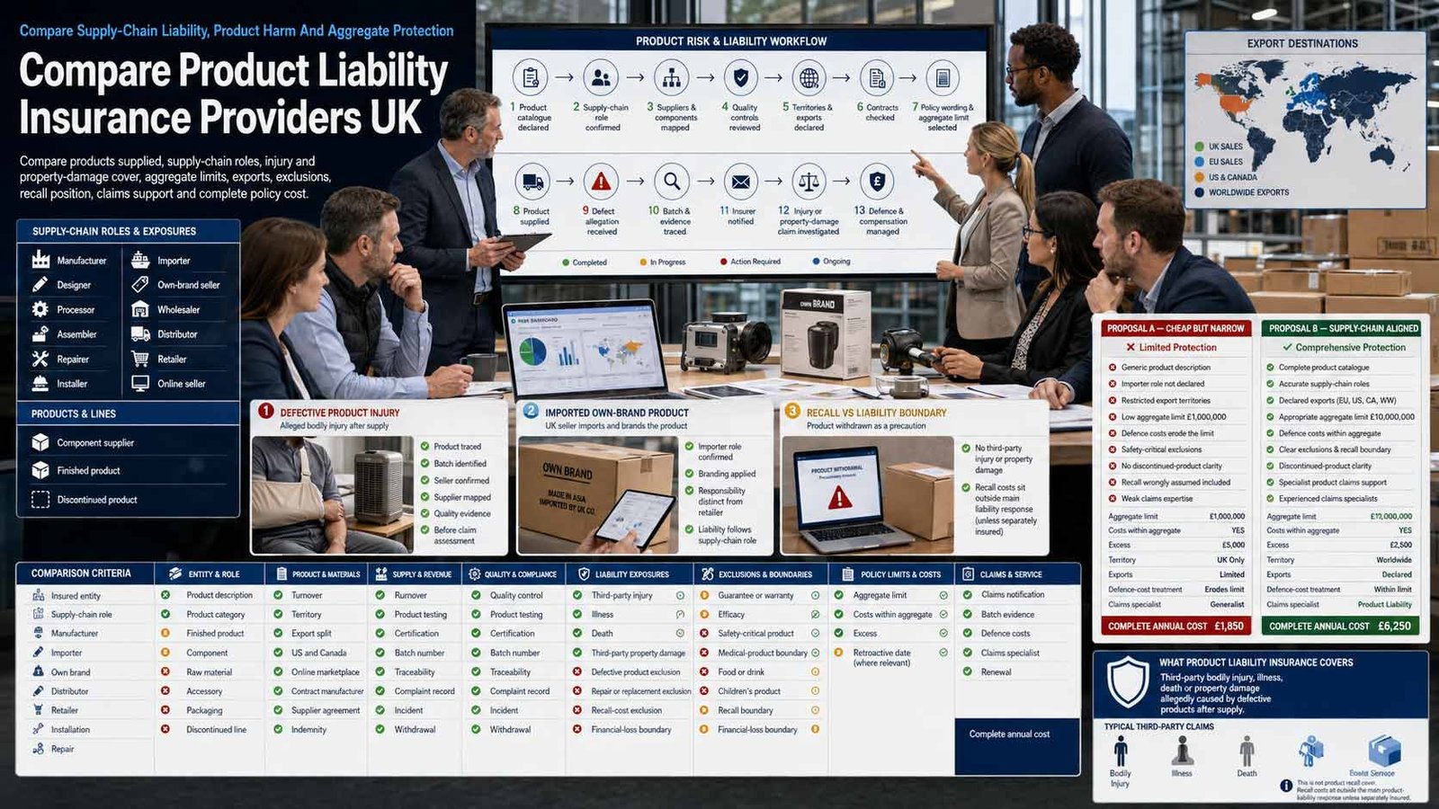 UK business team comparing product liability insurance providers, product categories, exports, limits, exclusions and claims support