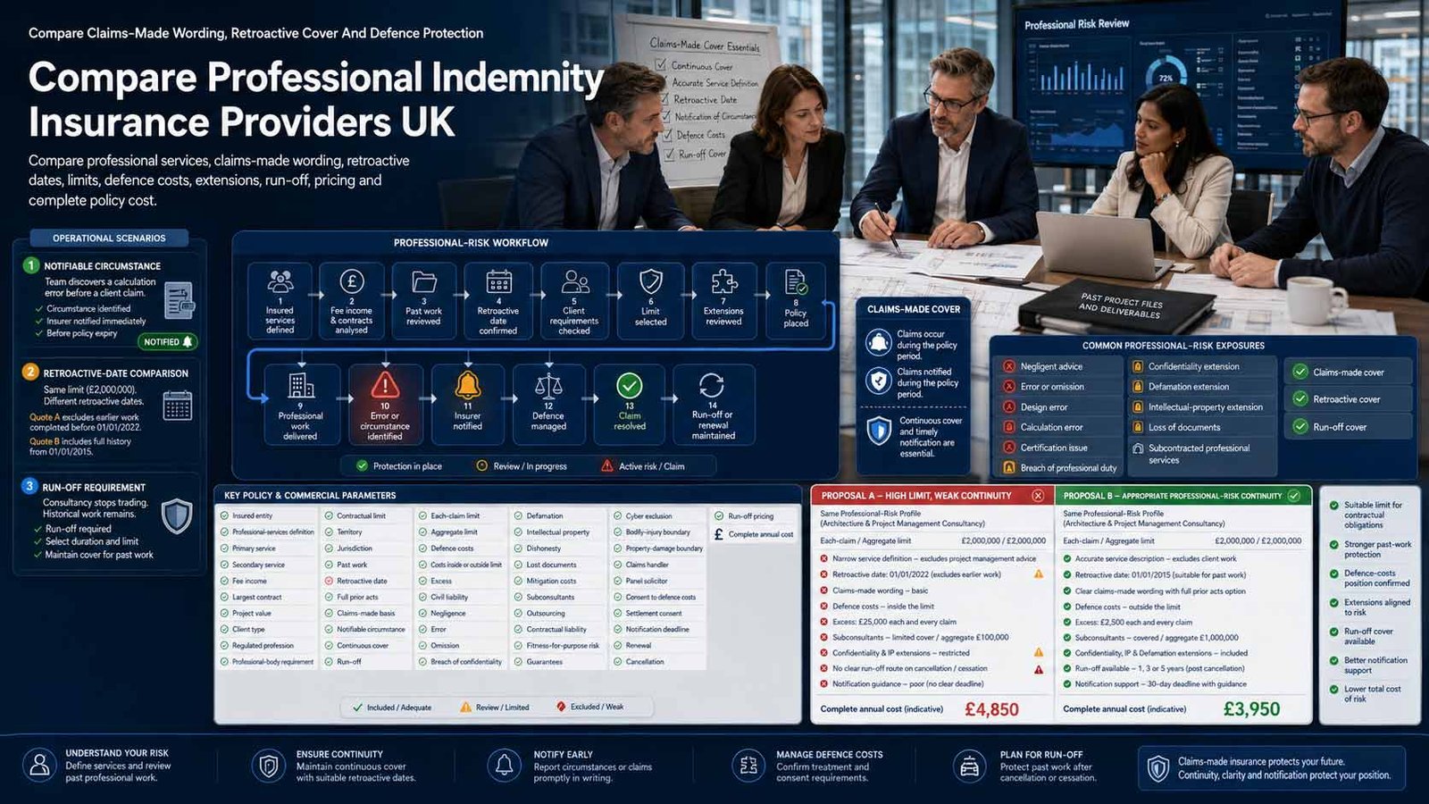 UK professional services business comparing professional indemnity insurance providers, cover limits, retroactive dates, claims support and run-off