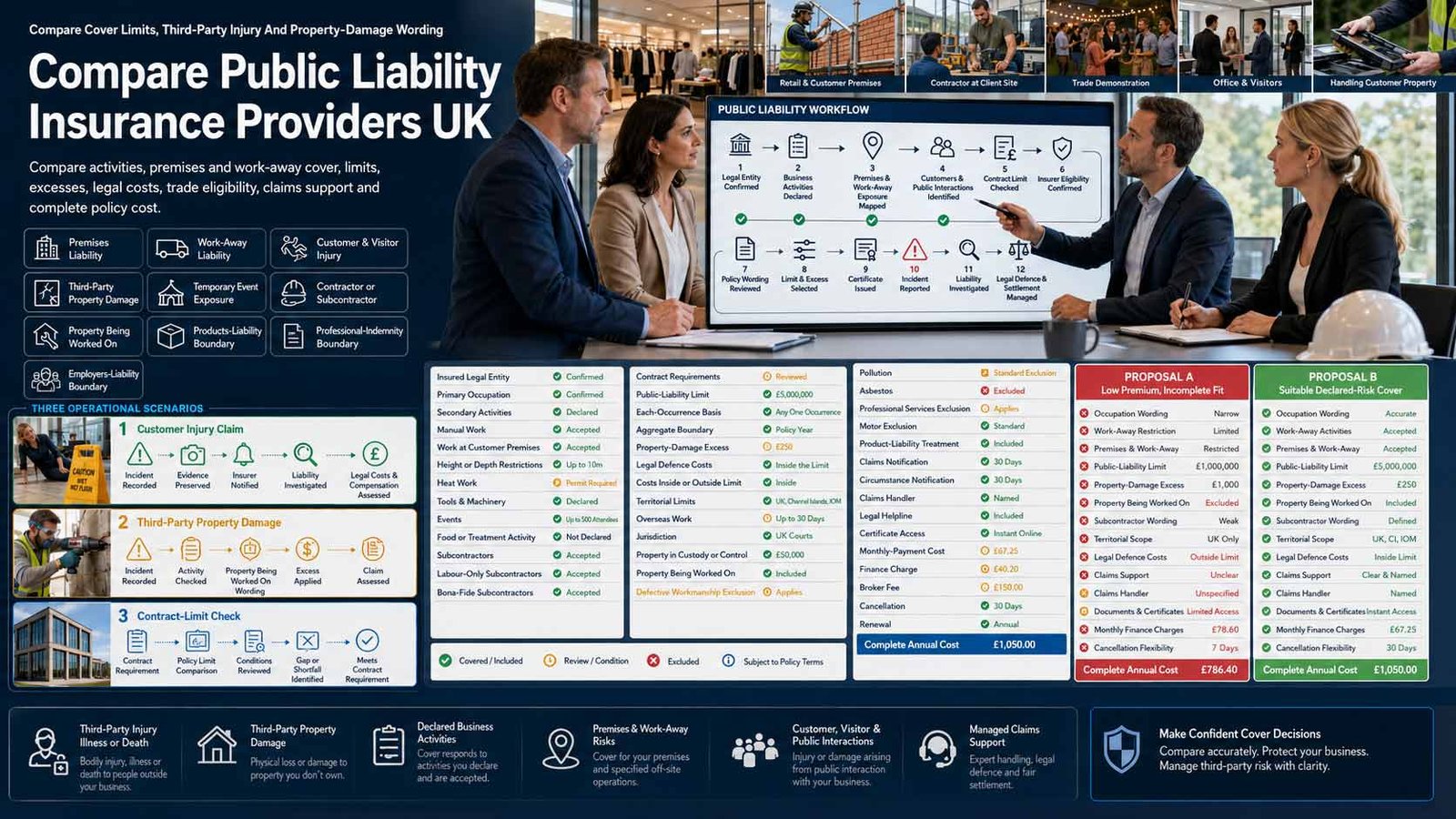 UK business owner comparing public liability insurance providers, policy limits, excesses, claims support and contract requirements