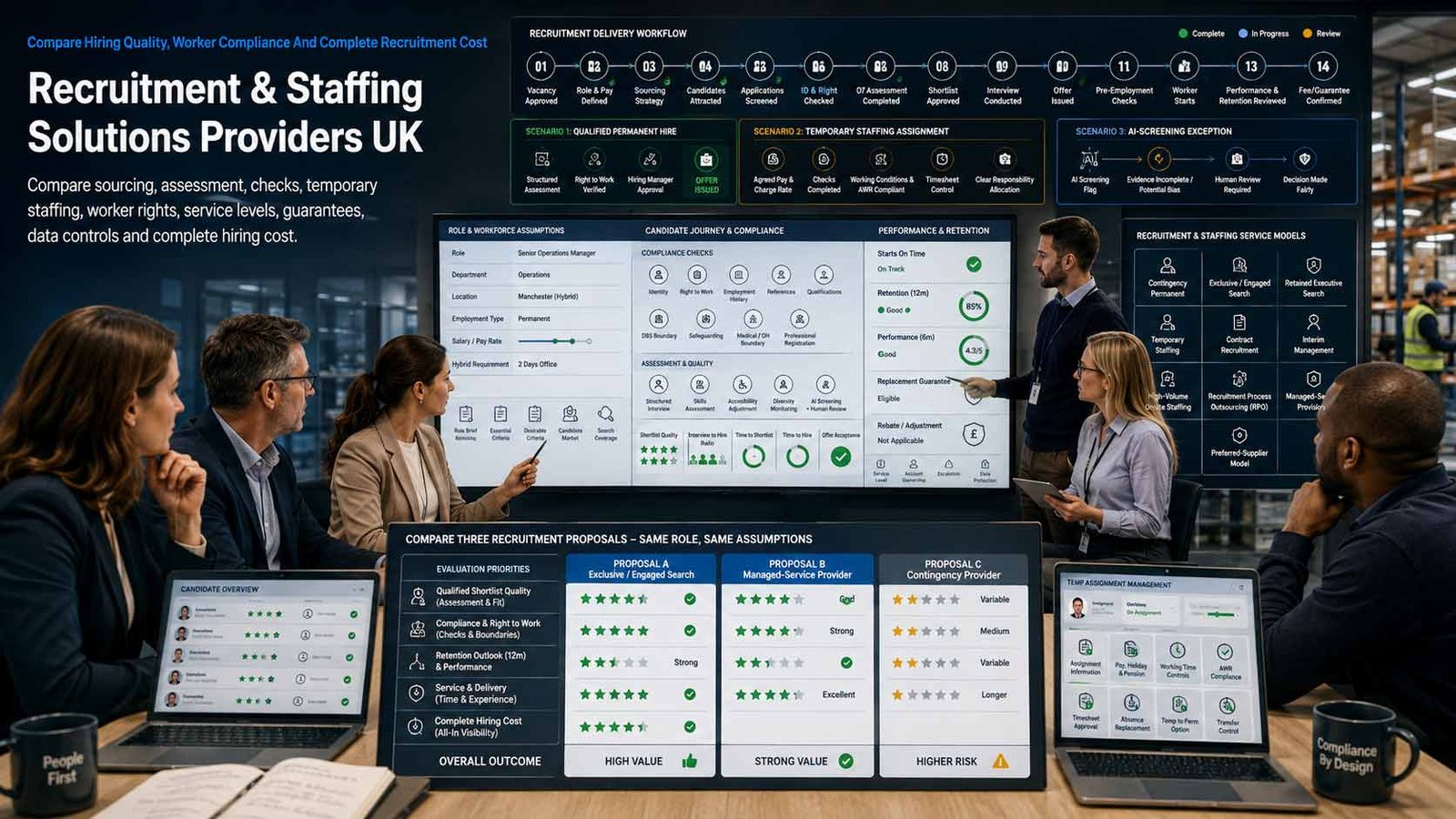 UK business comparing recruitment agencies, staffing providers, candidate quality, compliance and fees