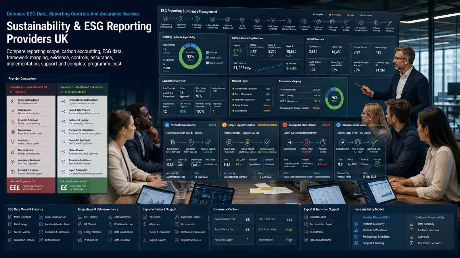 UK business comparing ESG reporting software, sustainability data, carbon accounting, assurance and dashboards