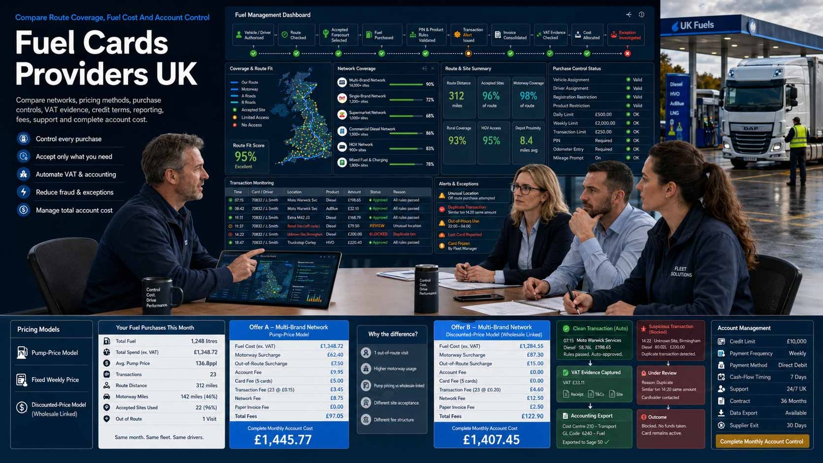 UK business comparing fuel card providers, networks, pricing and account controls