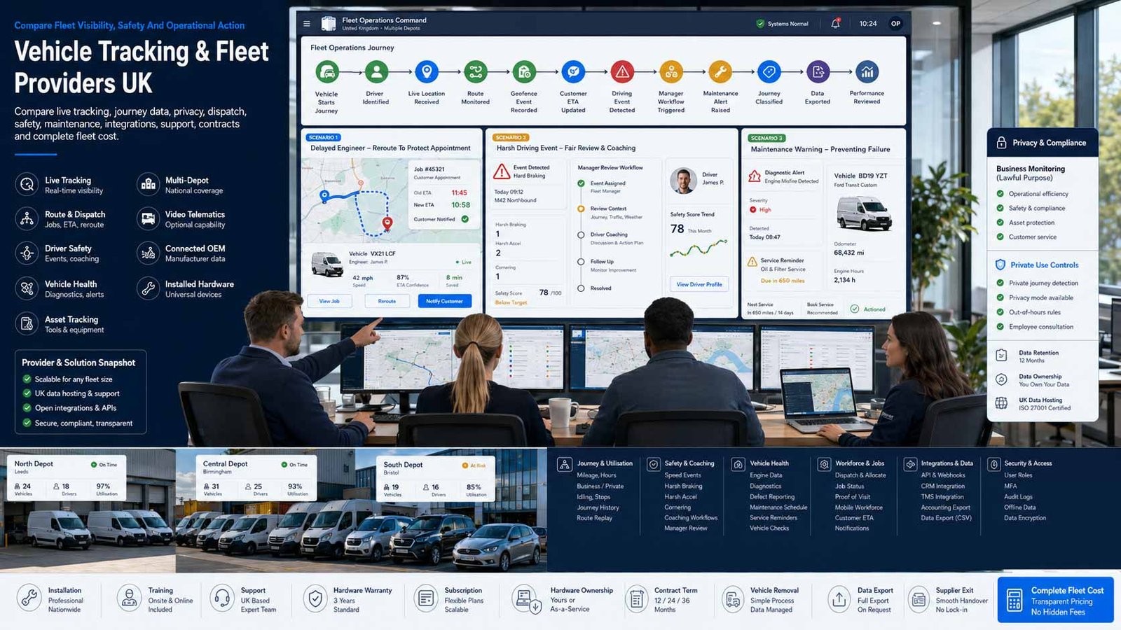 Fleet manager comparing GPS vehicle tracking and telematics services for a UK business