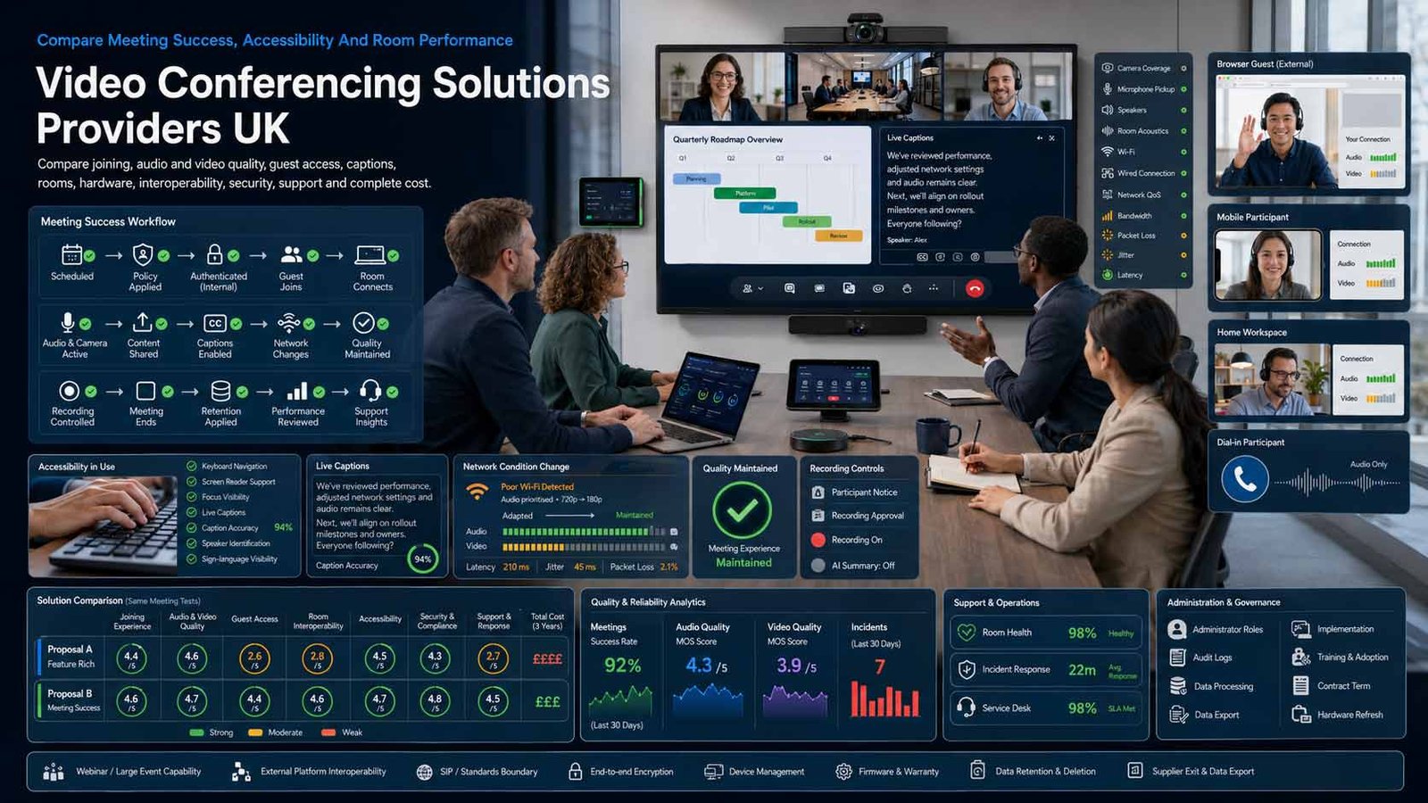 UK business comparing video conferencing platforms, room systems, accessibility, security and costs