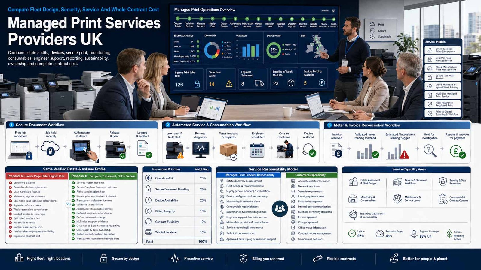 UK business team comparing managed print services, printers and document workflows